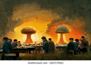 Old Style Satirical Illustration Of People Having Dinner With Nuclear Warfare Happening At The Background. Stylized Illustration Of Nucreal War