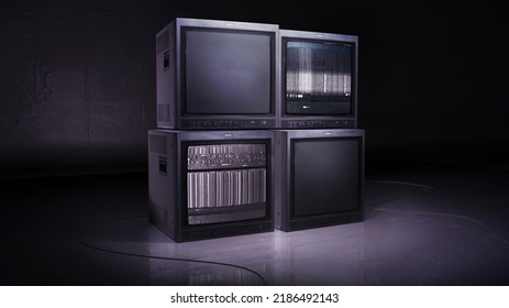Old Style Television Video Wall, With TV Noise In A Dark, Retro Video, 3D Rendering Concept