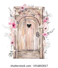 An Old Style Wood Door Decorated By Flowers. Hand Drawn Watercolor Illustration.