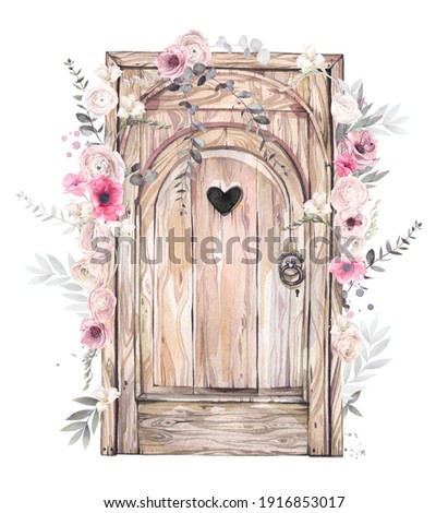 An old style wood door decorated by flowers. Hand drawn watercolor illustration.