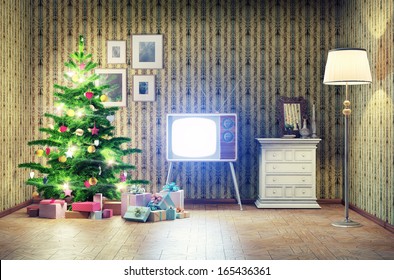 old styled interior with christmas tree and tv