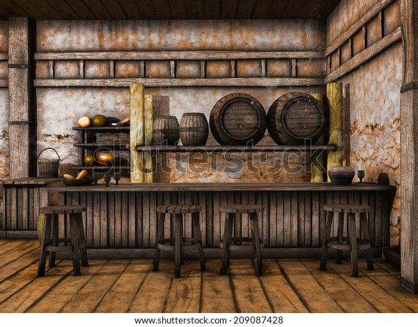 木製のストールと樽を持つ古い酒場カウンター のイラスト素材