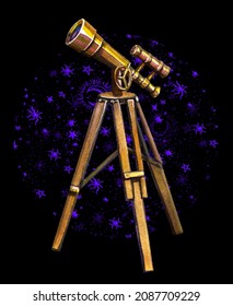 An old telescope for observing space and stars. Spyglass on a dark background. Watercolor drawing.
