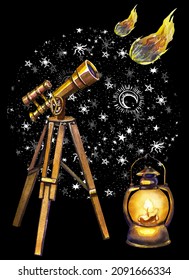 An old telescope for observing space and stars. Study of meteorites. Spyglass on a dark background. Watercolor drawing.
