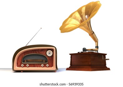 old things. 3D render of a retro styled radio   and gramophone