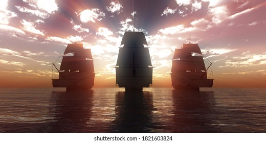 old three ships sunset at sea, 3d rendering illustration