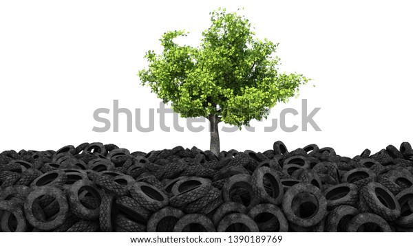 Old tire dump\
and tree. Concept of eco problem. Isolated on a white background.\
3d rendering. High\
resolution.