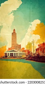 Old Tourist Poster About New Orleans And Louisiana, Retro Style, For Foreign Promotion