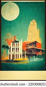 Old Tourist Poster About New Orleans And Louisiana, Vintage Style, To Promote Abroad