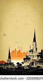 Old Tourist Poster About New Orleans And Louisiana, Retro Style, For Foreign Promotion