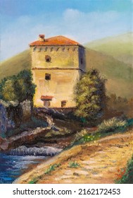 Old tower house in a rural landscape. Original painting on canvas.
