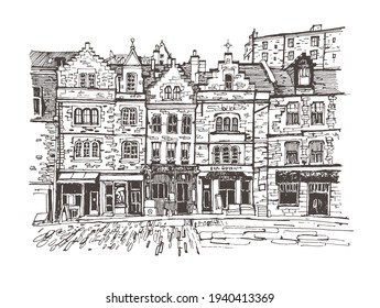 Old town street in Scotland, Edinburgh. Historical building line art. Freehand drawing. Travel sketch. Urban sketch of Edinburgh in black color isolated on white background. Hand drawn travel postcard