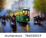 Old tram, oil paintings landscape, city, retro. Fine art.