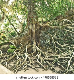 Old tree with large roots. Tropical nature digital illustration for travel card or banner template. Sunny natural landscape with tropic tree. Exotic tree with huge root system in forest picture