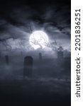 old tree and moon in the clouds in scary graveyard landscape, 3d illustration