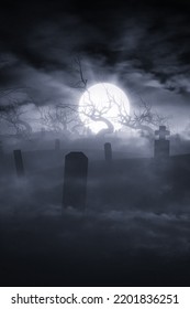 old tree and moon in the clouds in scary graveyard landscape, 3d illustration