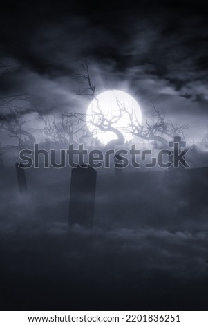 old tree and moon in the clouds in scary graveyard landscape, 3d illustration