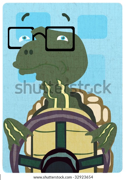 An old turtle driving a car representing a slow\
worried driver