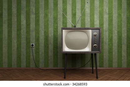 Old TV In Empty Room With Green Striped Wallpapers