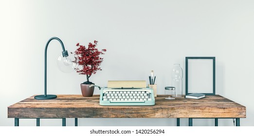 Old Typewriter On A Desk, Concept Of Writing, Journalism, Creating A Document, Nostalgia, 3d Rendering