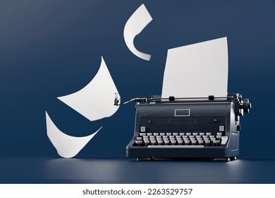 an old typewriter with white sheets for writing a book on a blue background. 3D render. - Powered by Shutterstock