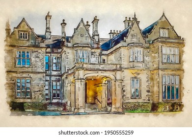 Old Victorian Mansion In Killarney National Park, Ireland, Watercolor Sketch Illustration.
