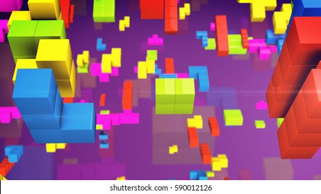 Old Video Game Square Tetris. Colored Line Bricks Game Pieces. 3d Rendering.