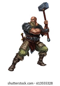 Old Viking With A Two-handed Hammer On White