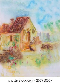 Old village house with flowers - an original modern painting on silk, batik