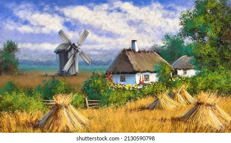 Old village in Ukraine, traditional ukrainian rural house, windmill in the countryside. Digital oil paintings rural landscape, fine art, artwork