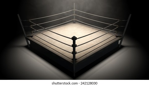 An Old Vintage Boxing Ring Surrounded By Ropes Spotlit In The Middle On An Isolated Dark Background