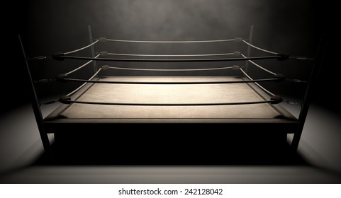 An Old Vintage Boxing Ring Surrounded By Ropes Spotlit In The Middle On An Isolated Dark Background