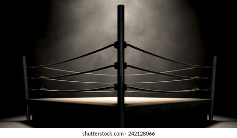 An Old Vintage Boxing Ring Surrounded By Ropes Spotlit In The Middle On An Isolated Dark Background