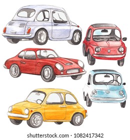 Old vintage cars - watercolor hand drawn illustrations