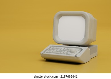 Old Vintage Computer On A Yellow Background Copy Paste, Copy Space. 3d Render.