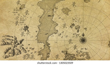 Old vintage fantasy antique map.
Ancient background  hand drawn illustration sketch Decorative 
Imitation of medieval drawings  pirate treasures. 
