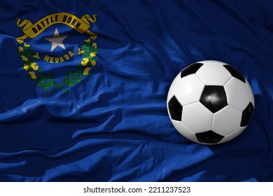 Old, Vintage Football Ball On The Waveing Nevada State Flag Background. 3D Illustration