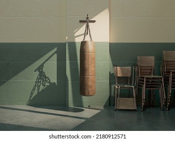 A old vintage leather punching bag mounted on a green wall in a room with stacked chairs lit by a window light - 3D render - Powered by Shutterstock