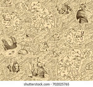 Old Vintage Map With Islands, Ships, Monsters And Mermaids. Seamless Background