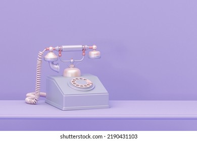 Old Vintage Phone With Twisted Wires. Repeated Objects Pattern. Retro Technology On Pastel Purple Background. Minimal Composition For Social Media And Workplace Concept. 3d Render
