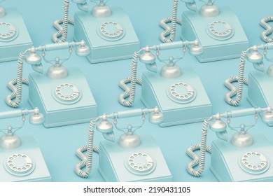 Old Vintage Phone With Twisted Wires. Repeated Objects Pattern. Retro Technology On Pastel Blue Background. Minimal Composition For Social Media And Workplace Concept. 3d Render
