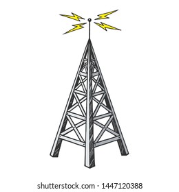 Old Vintage Radio Tower Broadcast Transmitter Color Sketch Engraving Raster Illustration. Scratch Board Style Imitation. Black And White Hand Drawn Image.