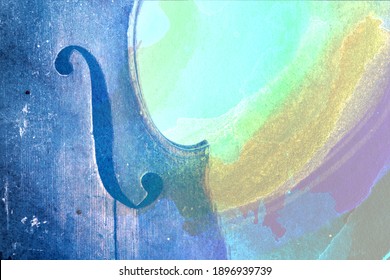 Old violin lying on the sheet of music, abstract watercolor music concept