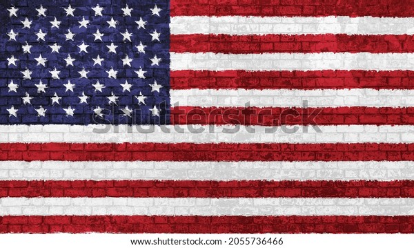 Old wall of bricks painted with the national flag\
of the United States of America isolated 3D background. Concept of\
social barriers of immigration, divisions, and political conflicts\
in United States