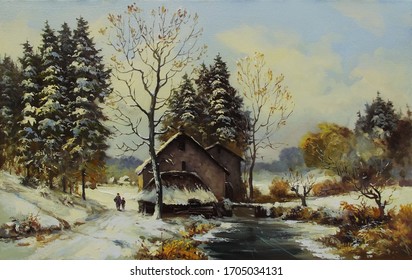 Old Water Mill Near A Frozen River And Snow-covered Trees,oil Painting, Fine Art, Mill, Rural Landscape, Winter, Snow, Trees, Nature