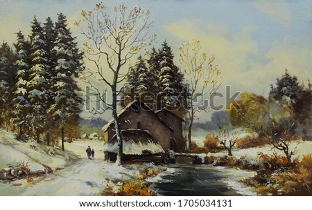 old water mill near a frozen river and snow-covered trees,oil painting, fine art, mill, rural landscape, winter, snow, trees, nature