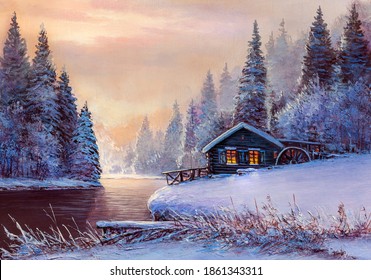Old Water Mill Near A  River And Snow-covered Trees,oil Painting, Fine Art.