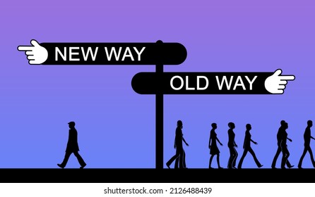 Old Way New Way People Concept. Two signpost with individual man and Crowd People. Individuality and Leadership Concept	
