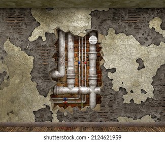 Old and weathered plumbing pipes behind the hole in damaged wall in aged ruined interior, 3d illustration - Powered by Shutterstock