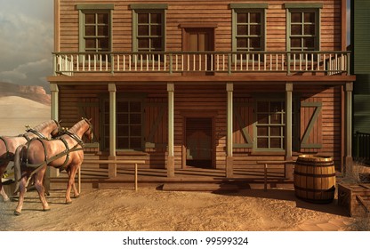 Old West Building With Horses